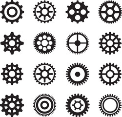 Collection of Black Gear Icons with Varied Designs on White Background