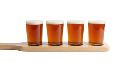 Craft beer flight on a wooden paddle