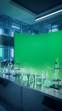 Modern science laboratory with green screen backdrop showcasing scientific research and development with flasks and test tubes for experiments