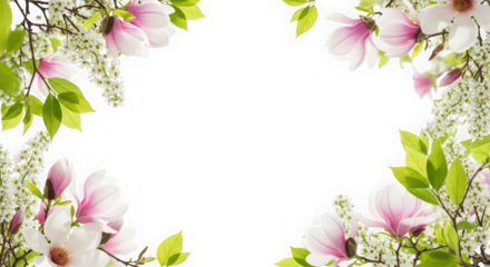 Beautiful magnolia flowers and green leaves isolated on transparent background