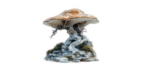 Fantasy Mushroom Tree Sculpture Rocky Base. Surreal Nature-Inspired Art Piece Isolated On Transparent Background