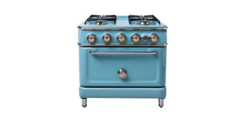 Retro Blue Gas Stove With Oven. Vintage Kitchen Appliance For Culinary Enthusiasts Isolated On Transparent Background