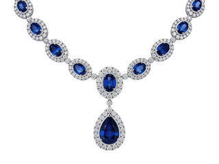 Elegant oval and pear shaped sapphire and diamond necklace isolated on transparent background