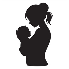 Silhouette of a mother holding her newborn baby representing love care and family connection and maternity in black and white graphic design