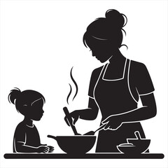 Silhouette of Mother and Daughter Cooking Together A Beautiful Bonding Moment in the Kitchen Vector Graphic