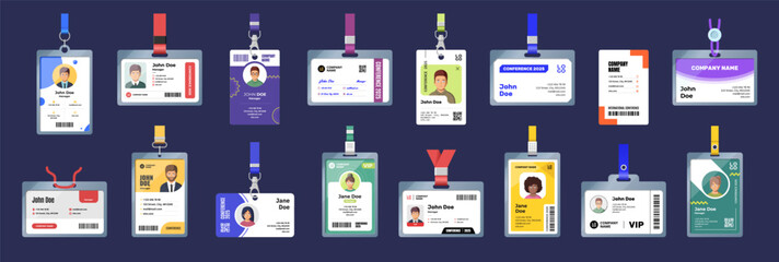 Diverse employee id badges collection: male and female portraits in various styles
