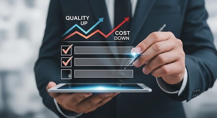 Businessman analyzing quality up and cost down graph on tablet with checklist reduction improvement