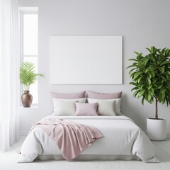 Modern bedroom with pink throw and green plant