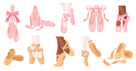 Variety of ballet shoes in different positions and styles