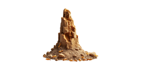Termite Mound With Crawling Termites. Insect Habitat And Ecosystem Study Isolated On Transparent Background