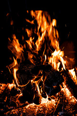 Fototapeta premium Burning Firewood in Dark Background