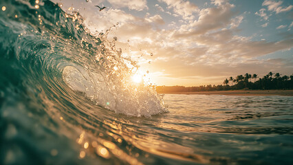 Ocean Wave Crashing at Sunset with Sunburst and Seagull water
