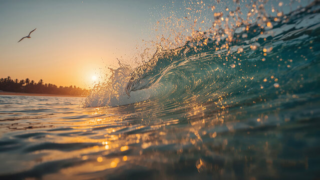 Ocean wave breaking at sunset with sunbeams and a bird flying image photo