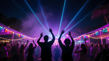 Silhouetted crowd dancing under vibrant LED lights and lasers at upscale outdoor party.