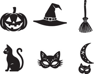 Obraz premium Spooky Halloween icons: pumpkin, witch hat, broom, cat, moon