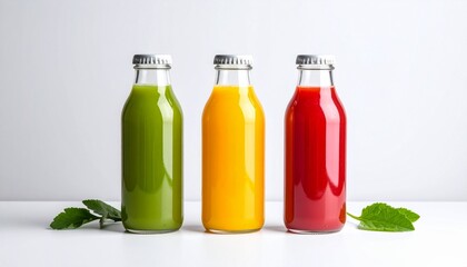 Assortment of vibrant healthy juice bottles in green, yellow, and red with fresh leaves on a white background.