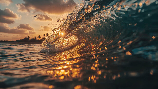 Ocean wave with sunbeams at sunset and a bird flying light