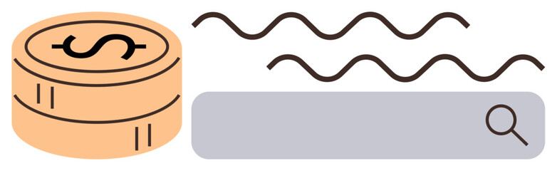 Stack of coins, wavy lines, and magnifying glass in search bar highlighting analysis, research, and finance themes. Ideal for business, online search, investment, data economics solutions simple