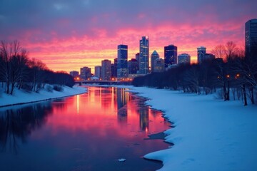 Fototapeta premium Icy North Saskatchewan River mirrors Edmonton's glowing winter skyline , north saskatchewan, ice