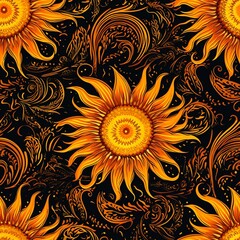 Golden Sunflowers Seamless Pattern with Swirling Decorative Elements on Dark Background
