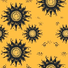 Floral Pattern Yellow Background with Black Artistic Flower Design