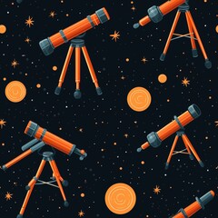 Orange Telescope Seamless Pattern on Dark Starry Sky