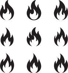 Set of Nine Black Stylized Flame Icons in 3x3 Grid on Grey Background