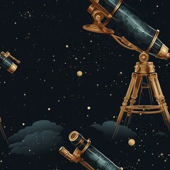 Vintage Style Telescope Pattern with Golden Stars and Night Sky Design