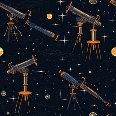 Telescope Pattern Seamless Dark Blue Space with Stars and Planets