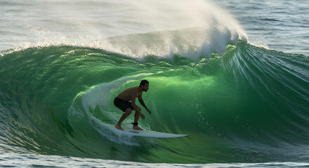 Close-up of a tanned man surfing a large green wave on a sunny day.
