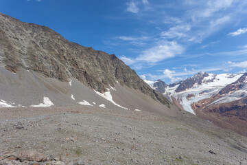 Remains of glacial moraines with the Vallelunga glacier in the background, Alto Adige - Sudtirol, Italy. Popular mountain for climbers. The glaciers are in severe retreat due to global warming