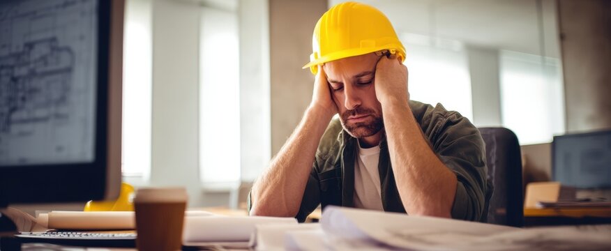 The stressed construction worker in his office dealing with overwhelming workloads.