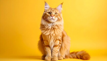 Ginger cat portrait on yellow