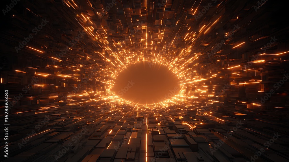 Poster abstract futuristic tunnel with orange light streaks, creating a portal to another dimension, a jour
