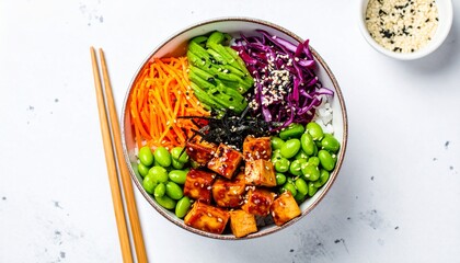 Colorful Vegan Poke Bowl with Tofu, Avocado, and Edamame on White Background