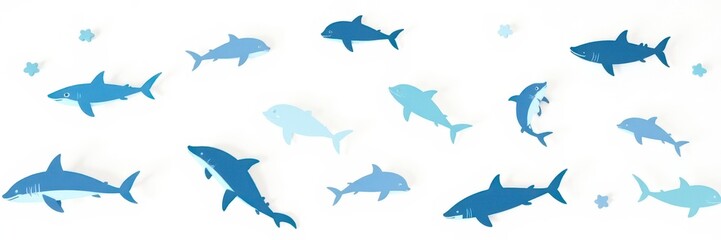 Naklejka premium Playful white background with isolated shark, dolphin, whale silhouettes in a repeating sea-themed pattern , sea, abstract