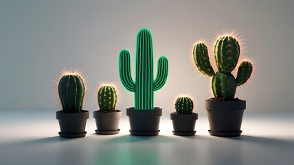 A unique, stylized green cactus stands tall among a row of realistic cacti, symbolizing individuality and innovation in a competitive market