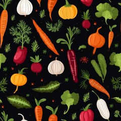 Colorful Vegetable Pattern of Carrots Radishes and Greens on Black Background