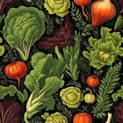 Colorful Vegetable Pattern Dark Backdrop Green Lettuce Red Turnip
