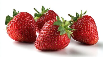 Fresh strawberries on white background.  Four ripe, glossy red strawberries with green leafy tops, arranged in a slight diagonal.  Close-up, studio shot