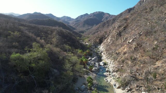 Aerial View of River Flowing Through Arid Valley with Palm Trees &ndash; Oasis Landscape in BCS, Mexico