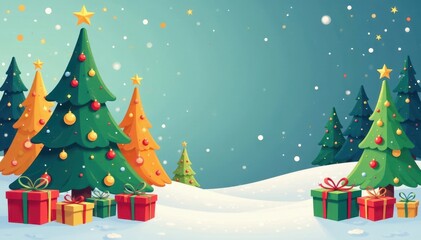 Abstract cartoon Christmas trees, colorful gifts & baubles, xmas illustration, illustration