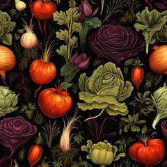 Vintage Colorful Vegetable Pattern Dark Backdrop Cabbage Tomato Onion Beetroot