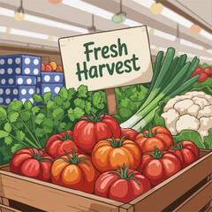 Vibrant Fresh Harvest: Wooden Crate of Tomatoes, Leeks, and Cauliflower in Grocery Store Setting