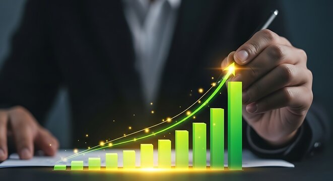 Businessman drawing a green upward trending bar graph with a glowing arrow growth finance