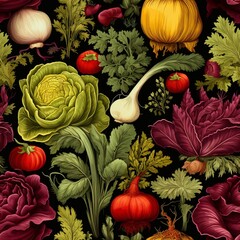 Colorful Vegetable Pattern with Red Cabbage and Green Herbs on Black