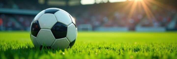 Fototapeta premium Close-up soccer ball, vibrant green grass, stadium bokeh, soccer ball, play