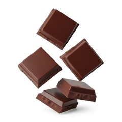 Dark chocolate pieces isolated on white background