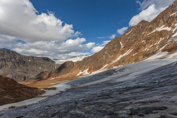 View of Gepatschferner at the Italian Austrian border from Barba d'Orso glacier surface. The glacier is in rapid retreat caused by global warming. Vallelunga, Alto Adige, Italy