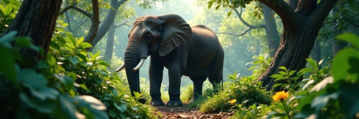 Hidden elephant in vibrant jungle, photorealistic detail, wild, dense